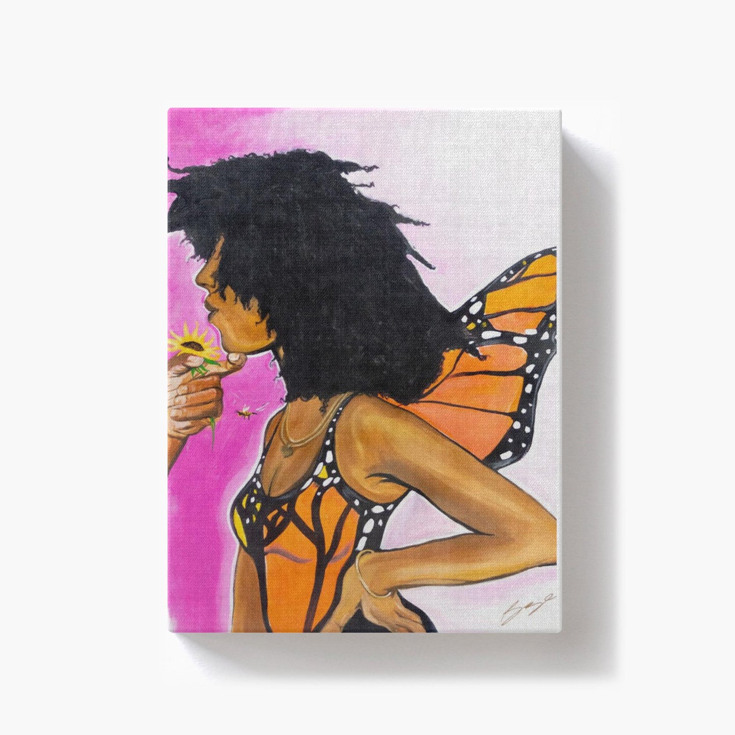 Surreal painting titled “Angelic Butterfly” showing a male hand holding a sunflower toward a Black woman depicted as a butterfly, symbolizing love and transformation.