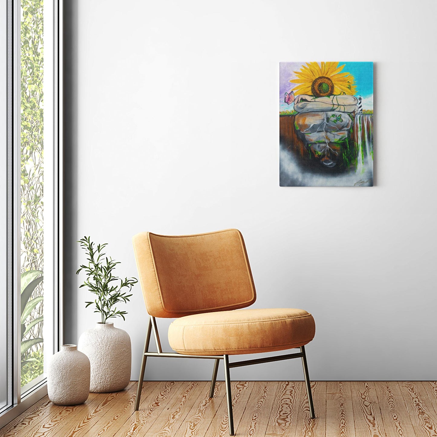 Surreal painting of two sunflowers growing through stone, symbolizing love, growth, and life with butterflies and a door, representing the heart."