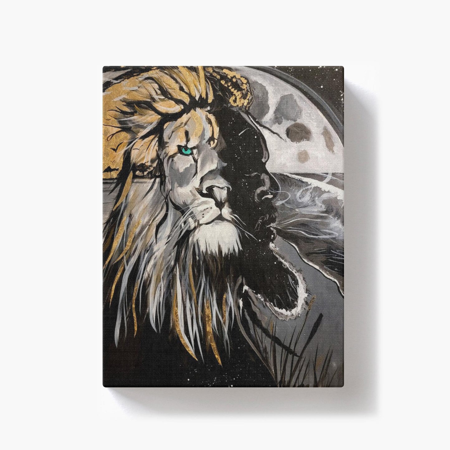 Painting titled “Into the Night” showing a seamless blend of a man and lion’s face over a moonlit ocean, with gold sunlight merging into the lion’s mane.