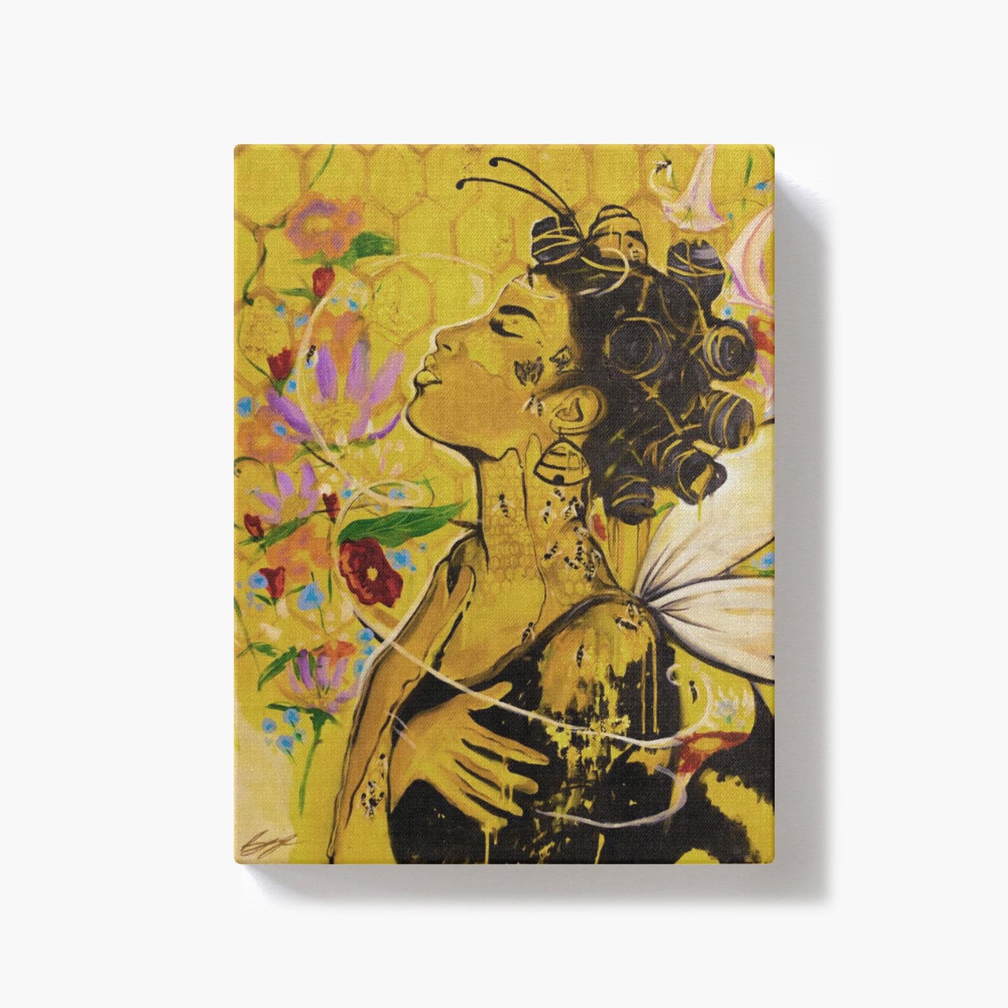 Painting titled “Angelic Butterfly” showing a Black woman with bantu knots, honey-dipped skin, butterfly wings, gold flakes, and bees in a bright yellow setting.