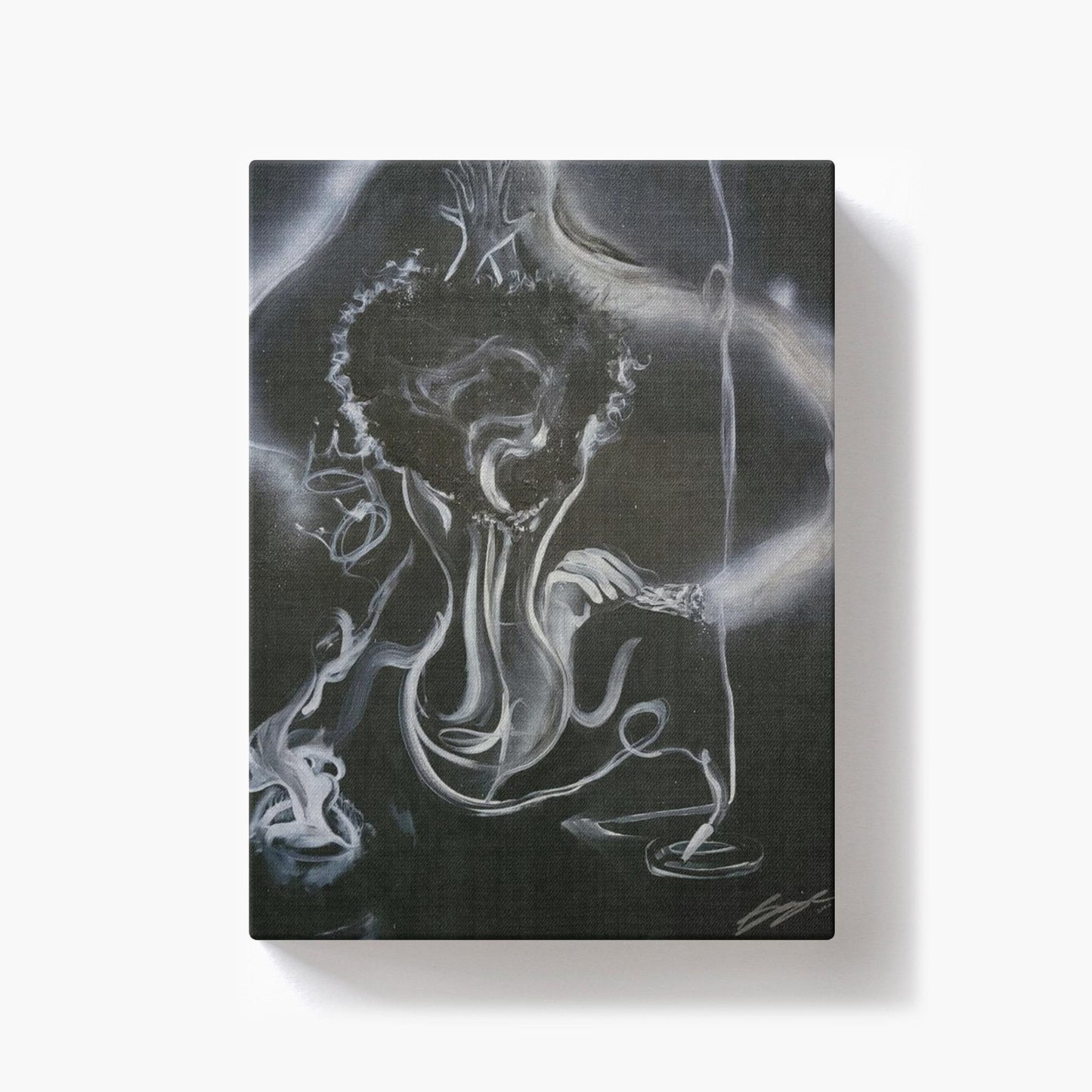 Painting titled “All the Smoke” showing smoke forming a woman, hidden male figure, incense, burning sage, the word love, and male and female crowns, symbolizing transformation and energy.