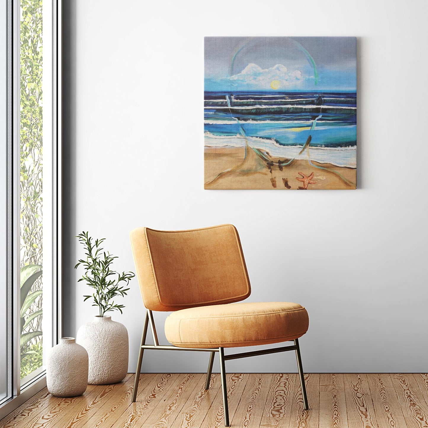 Painting titled “Fluent” showing an ocean scene blending with the outline of a male face, waves running into sand, starfish and shells, with a glowing sun symbolizing peace and focus.