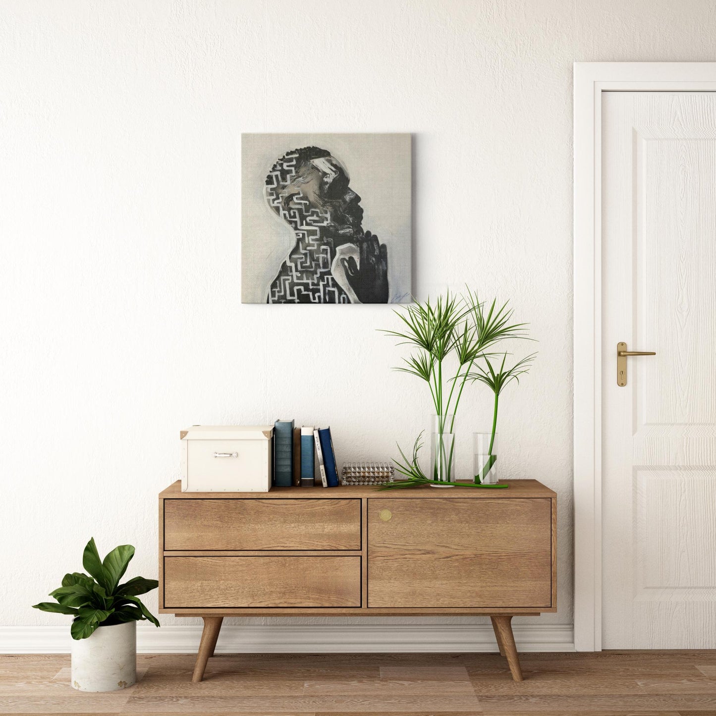 Abstract painting titled “Amazing Grace” showing a male figure in prayer with an intricate maze design within his profile, symbolizing faith and divine guidance.