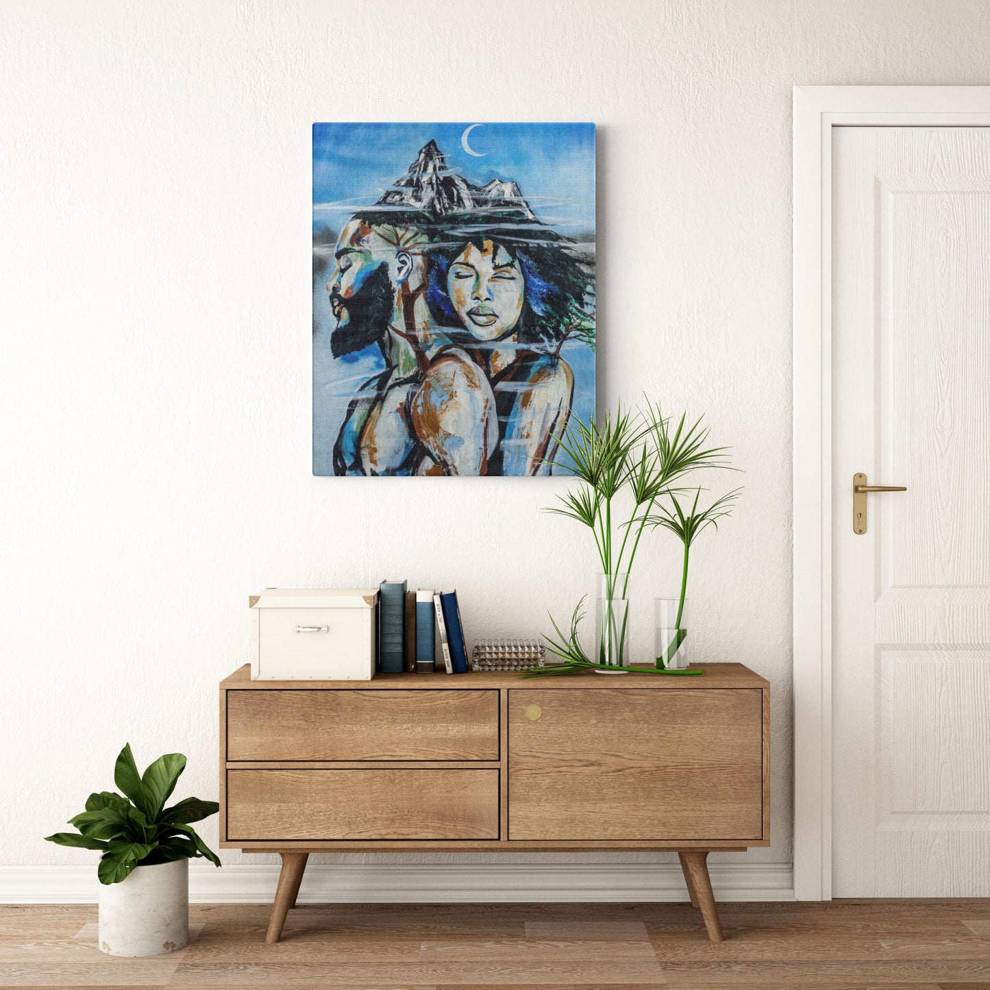 Abstract painting titled “Altitude” showing an embracing couple formed as a tree, growing upward toward a misty mountain peak symbolizing love and resilience.