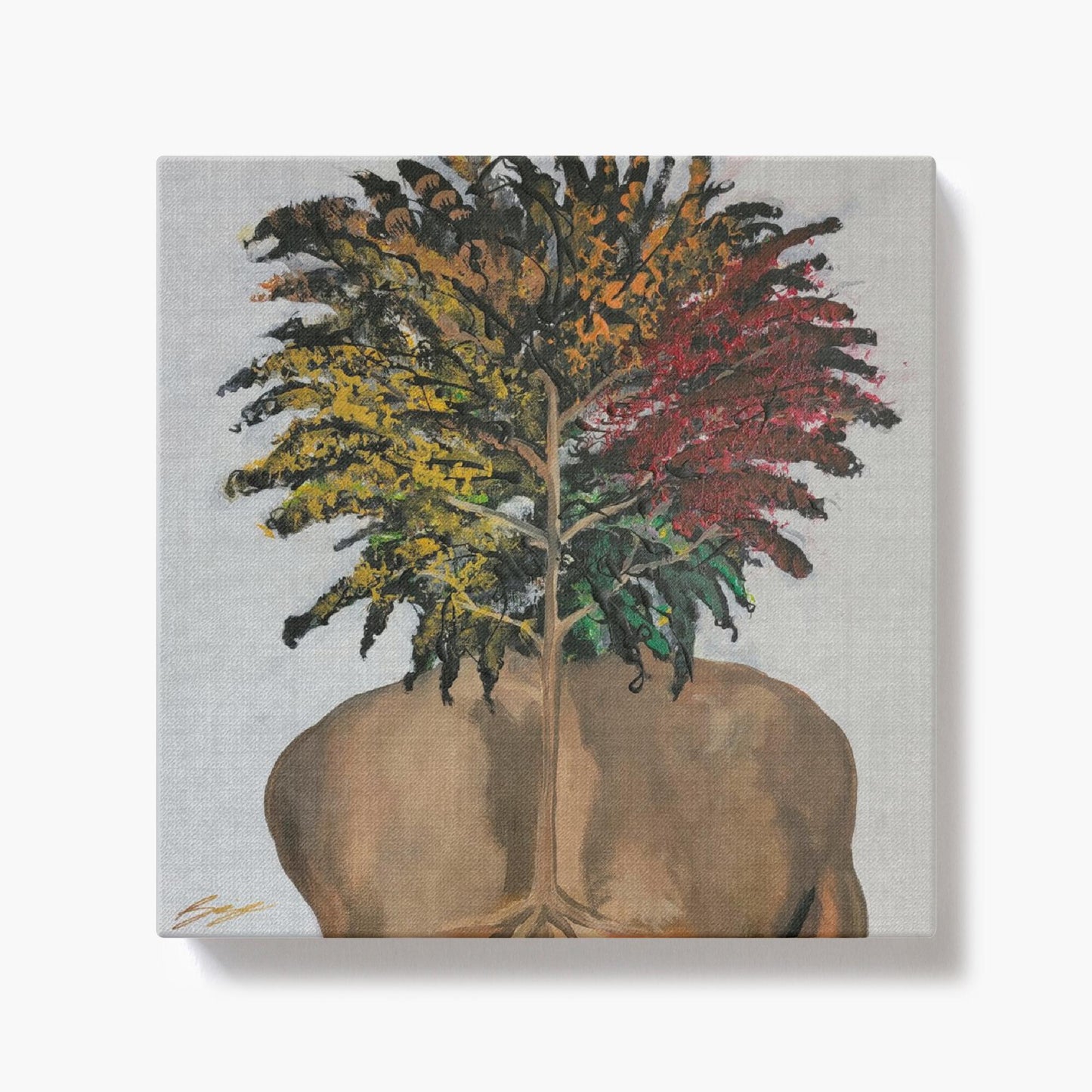 "Surreal painting of two sunflowers growing through stone, symbolizing love, growth, and life with butterflies and a door entrance to an open heart."