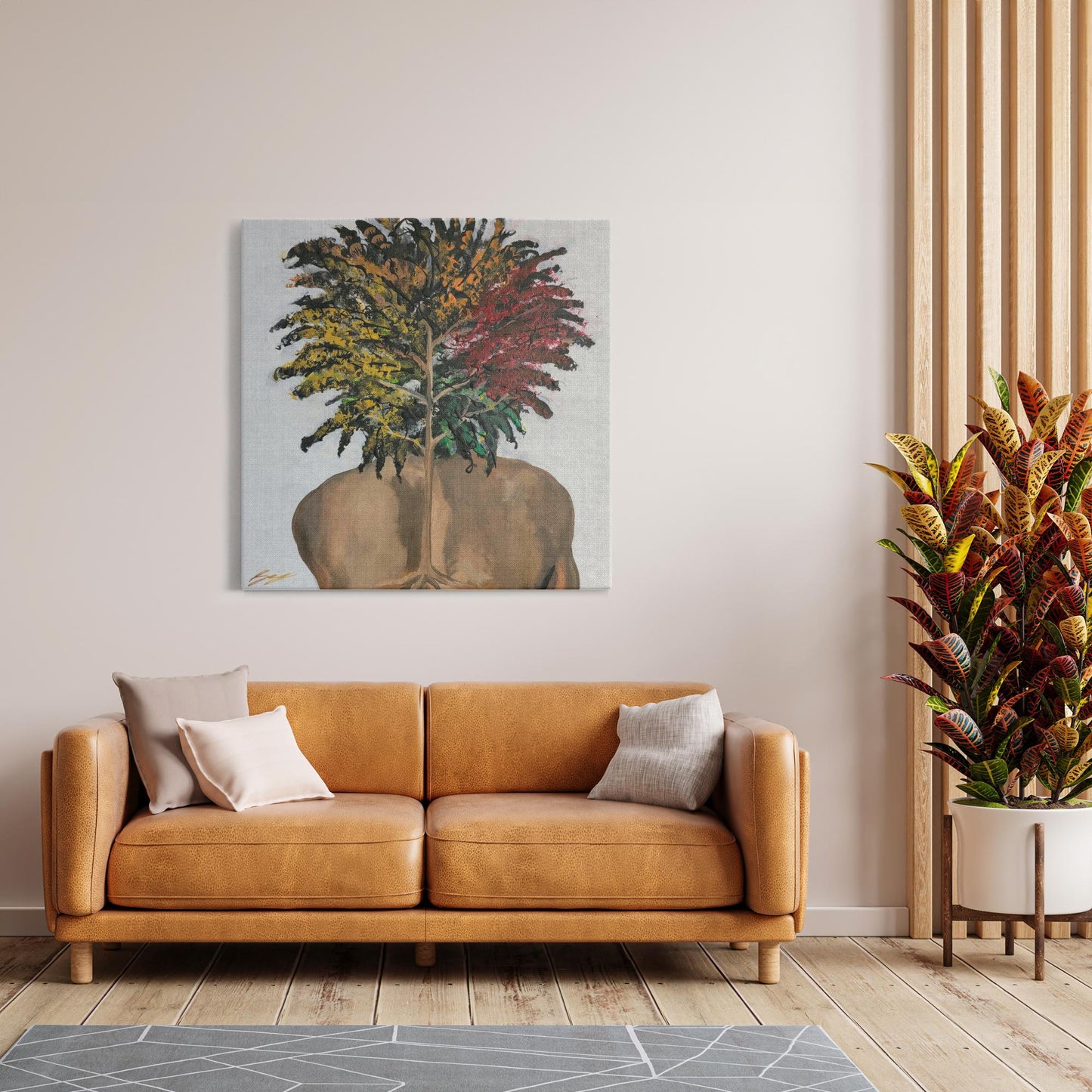 "Surreal painting of two sunflowers growing through stone, symbolizing love, growth, and life with butterflies and a door entrance to an open heart."