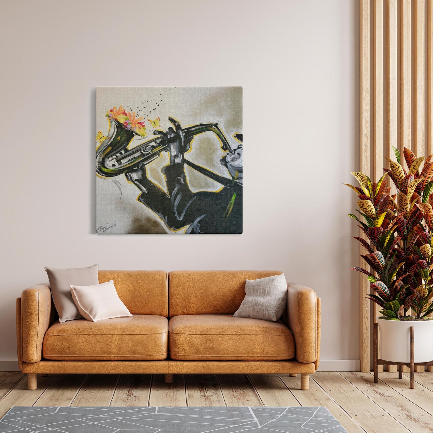 Abstract painting titled “Full Bloom” showing a silhouetted saxophonist playing as flowers bloom from the horn, transforming into floating music notes.