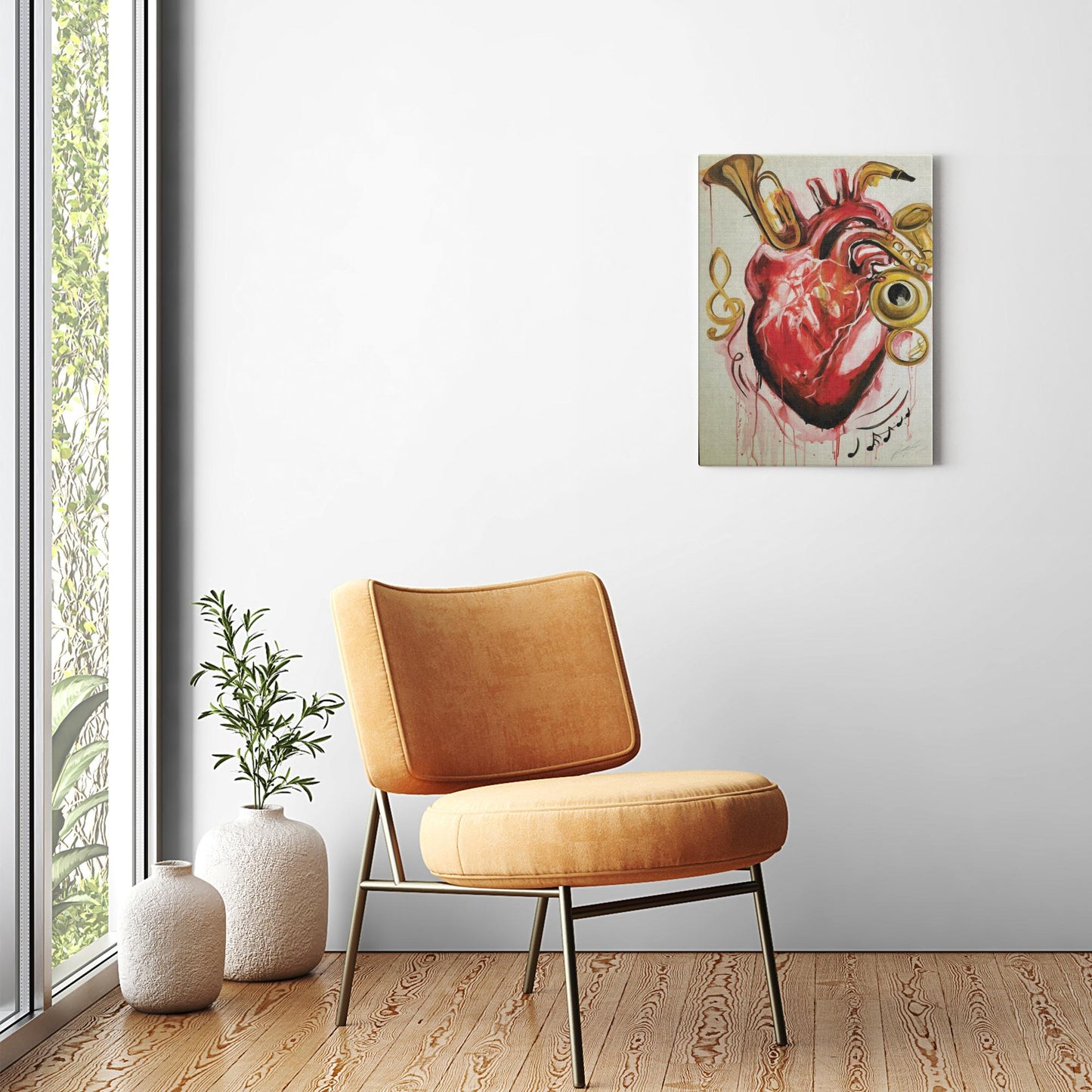 Abstract painting titled “From the Heart” showing musical instruments shaped like parts of a human heart—flutes, horns, and drums merging in surreal form.