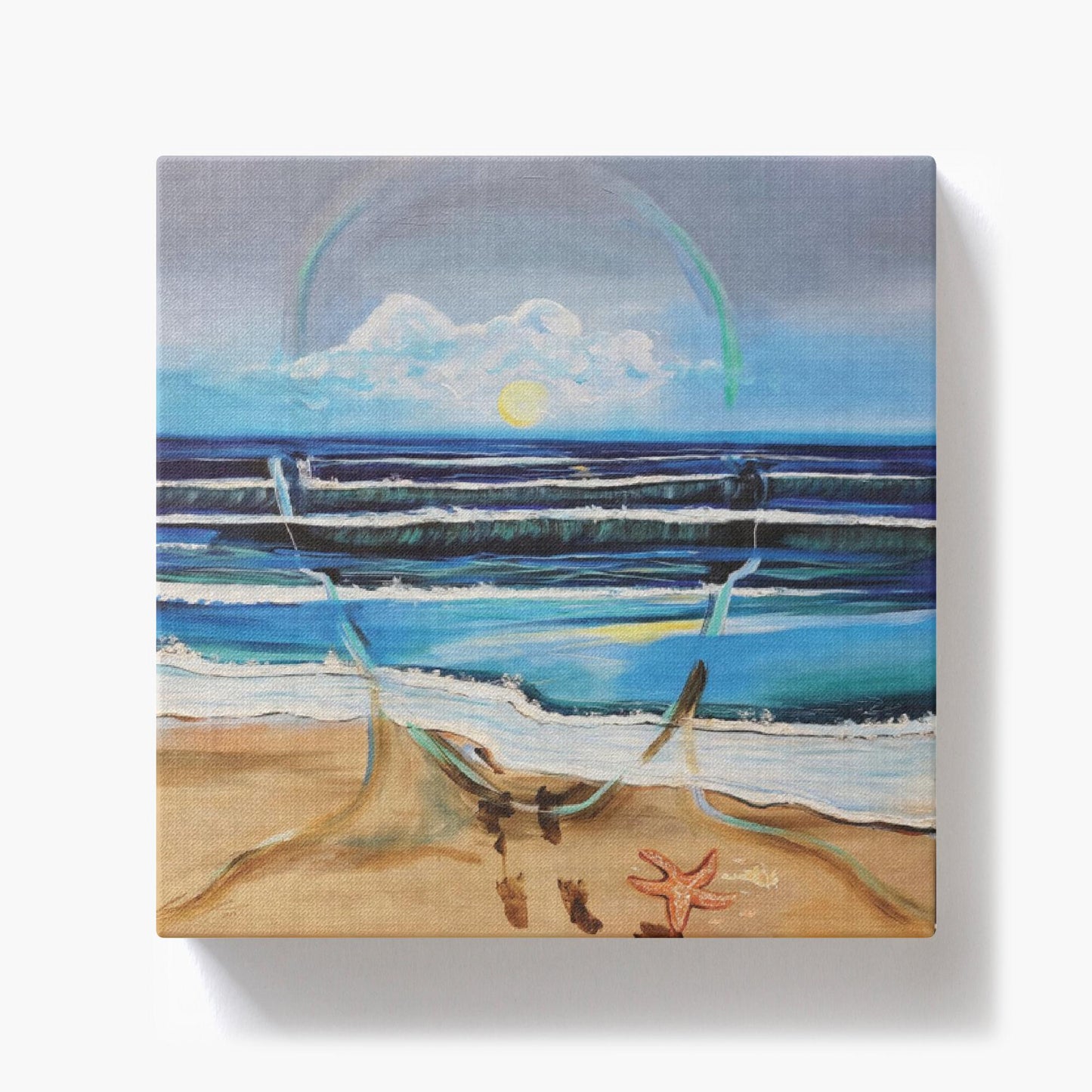 Painting titled “Fluent” showing an ocean scene blending with the outline of a male face, waves running into sand, starfish and shells, with a glowing sun symbolizing peace and focus.