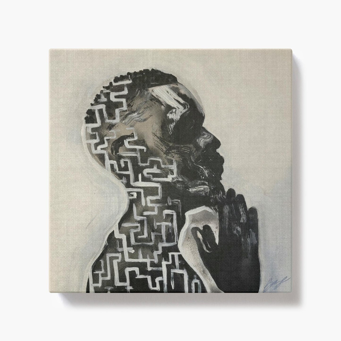 Abstract painting titled “Amazing Grace” showing a male figure in prayer with an intricate maze design within his profile, symbolizing faith and divine guidance.