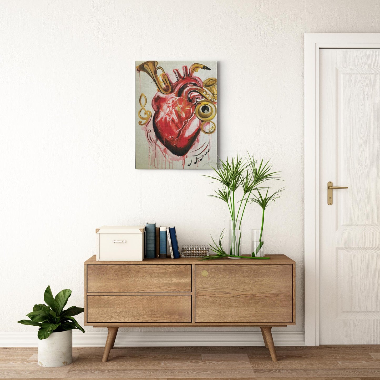Abstract painting titled “From the Heart” showing musical instruments shaped like parts of a human heart—flutes, horns, and drums merging in surreal form.