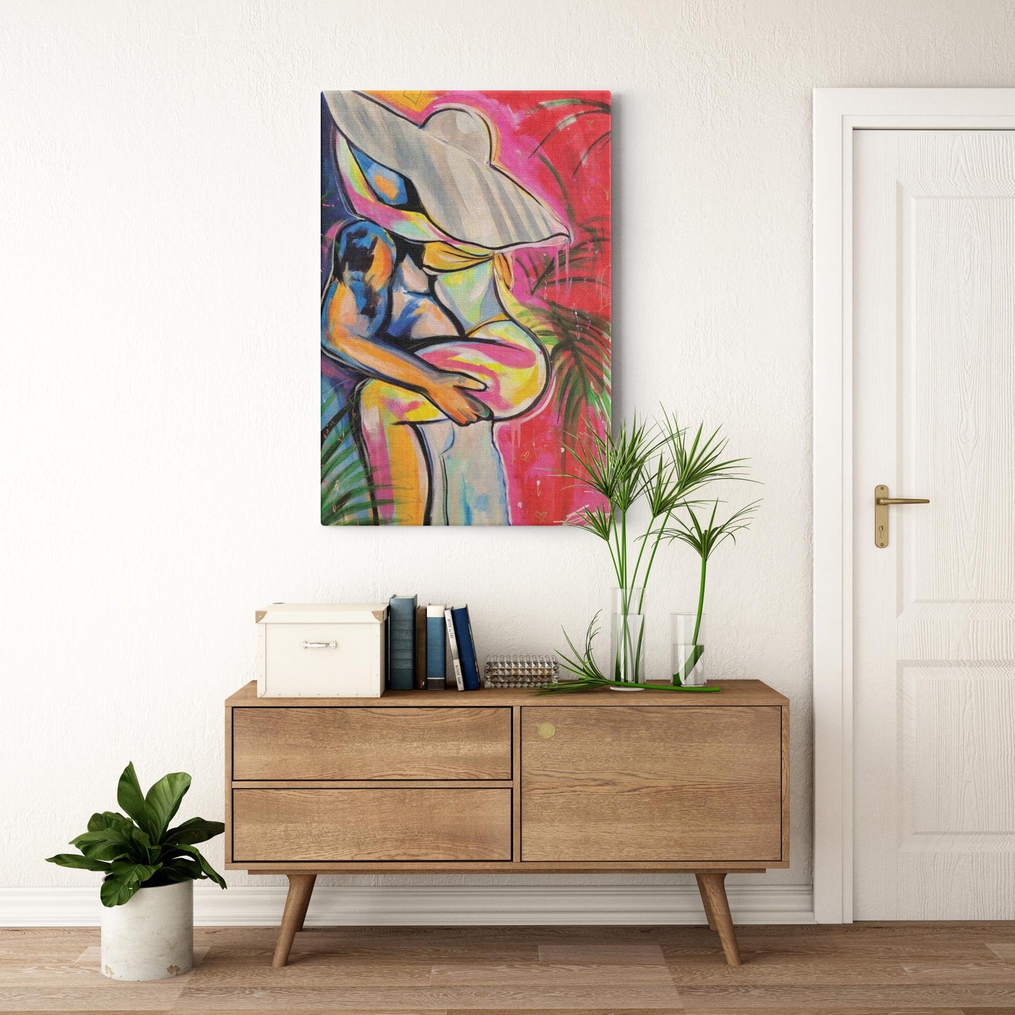 Painting titled “Passion in Paradise” showing a couple in a private, passionate embrace surrounded by tropical palms, capturing intimacy and desire.