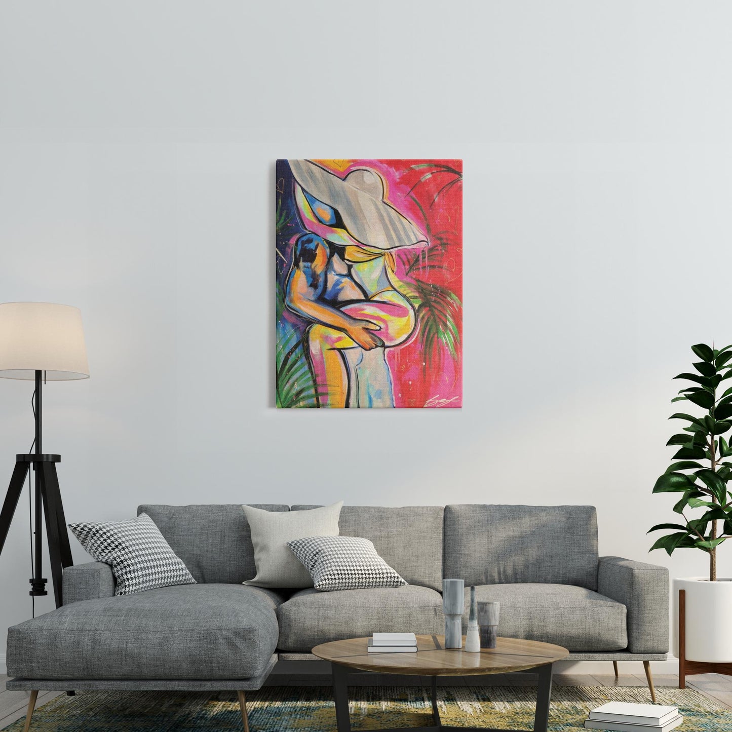 Painting titled “Passion in Paradise” showing a couple in a private, passionate embrace surrounded by tropical palms, capturing intimacy and desire.