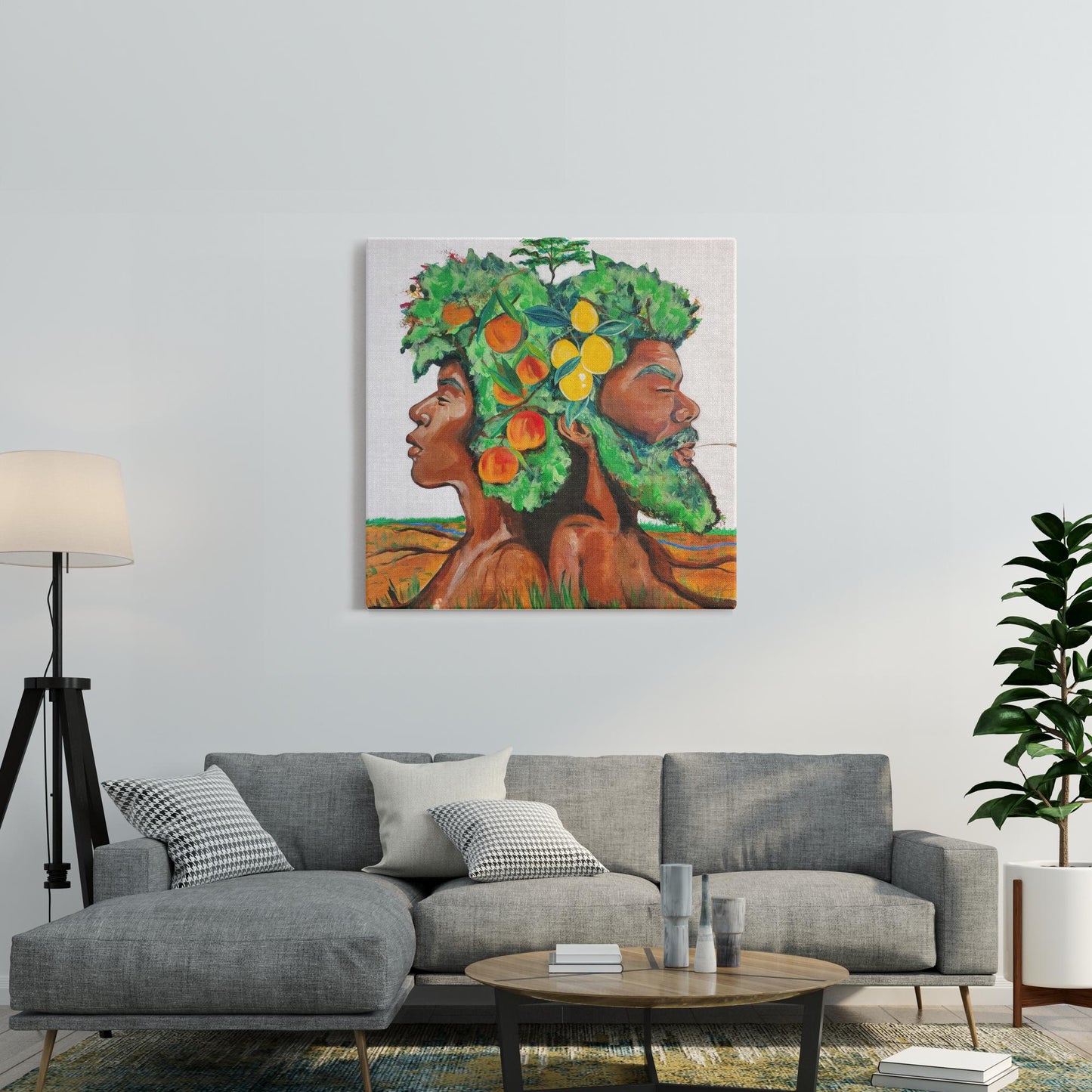 Painting titled “In Good Grace” showing male and female tree figures back-to-back with green afros, bearing fruit and a baby tree, in a serene natural landscape.