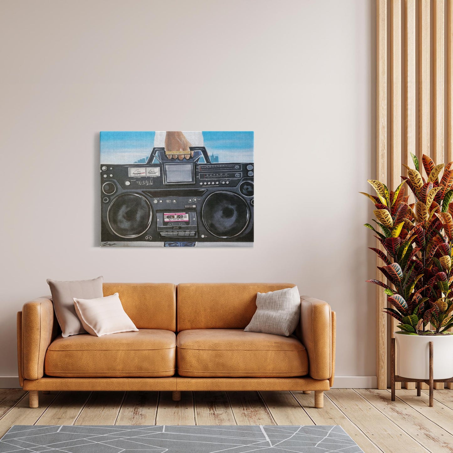 Painting titled “My Boom Box” showing a man in a white T-shirt holding a boombox with a BAIZE ring on his fingers and a faint city skyline in the background.
