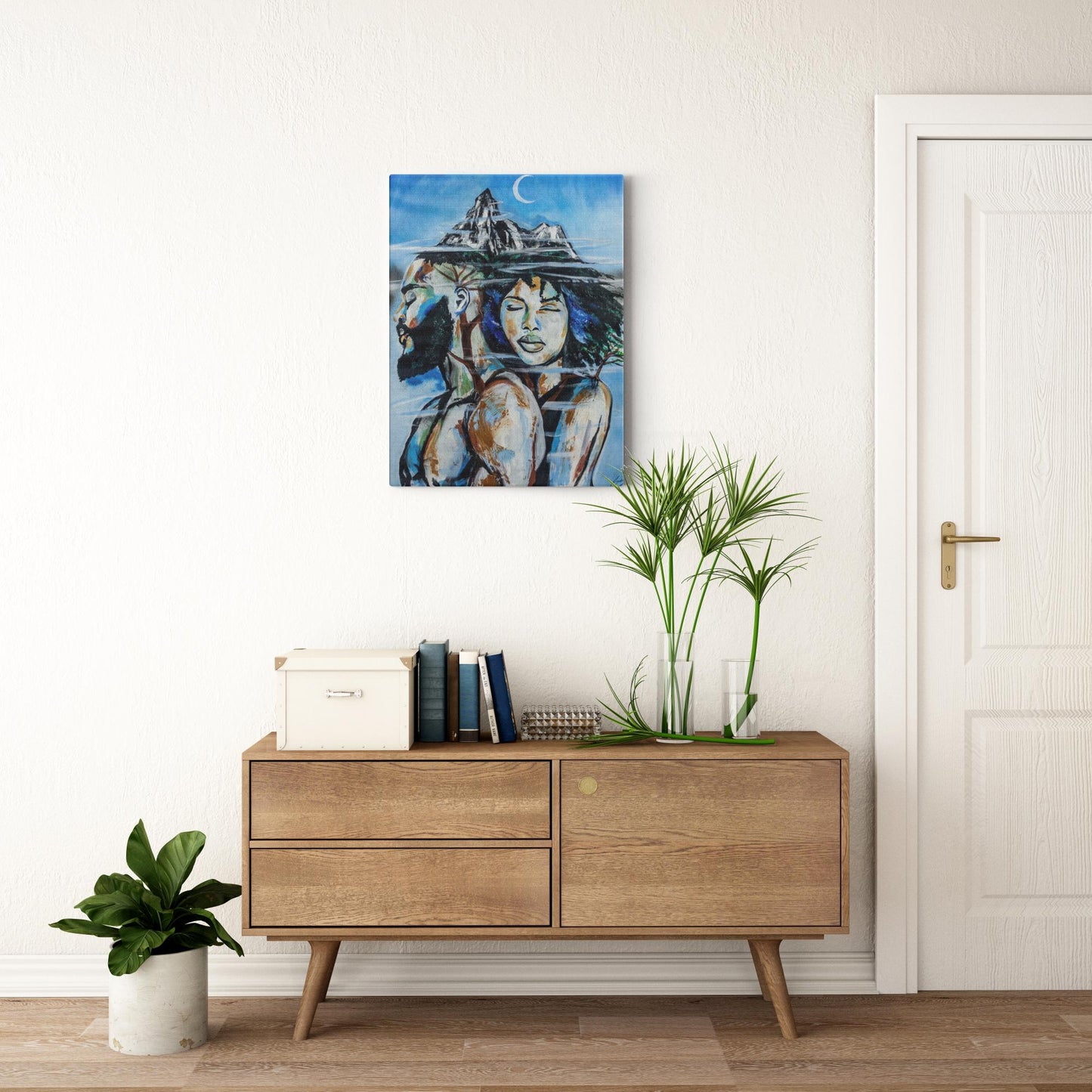 Abstract painting titled “Altitude” showing an embracing couple formed as a tree, growing upward toward a misty mountain peak symbolizing love and resilience.