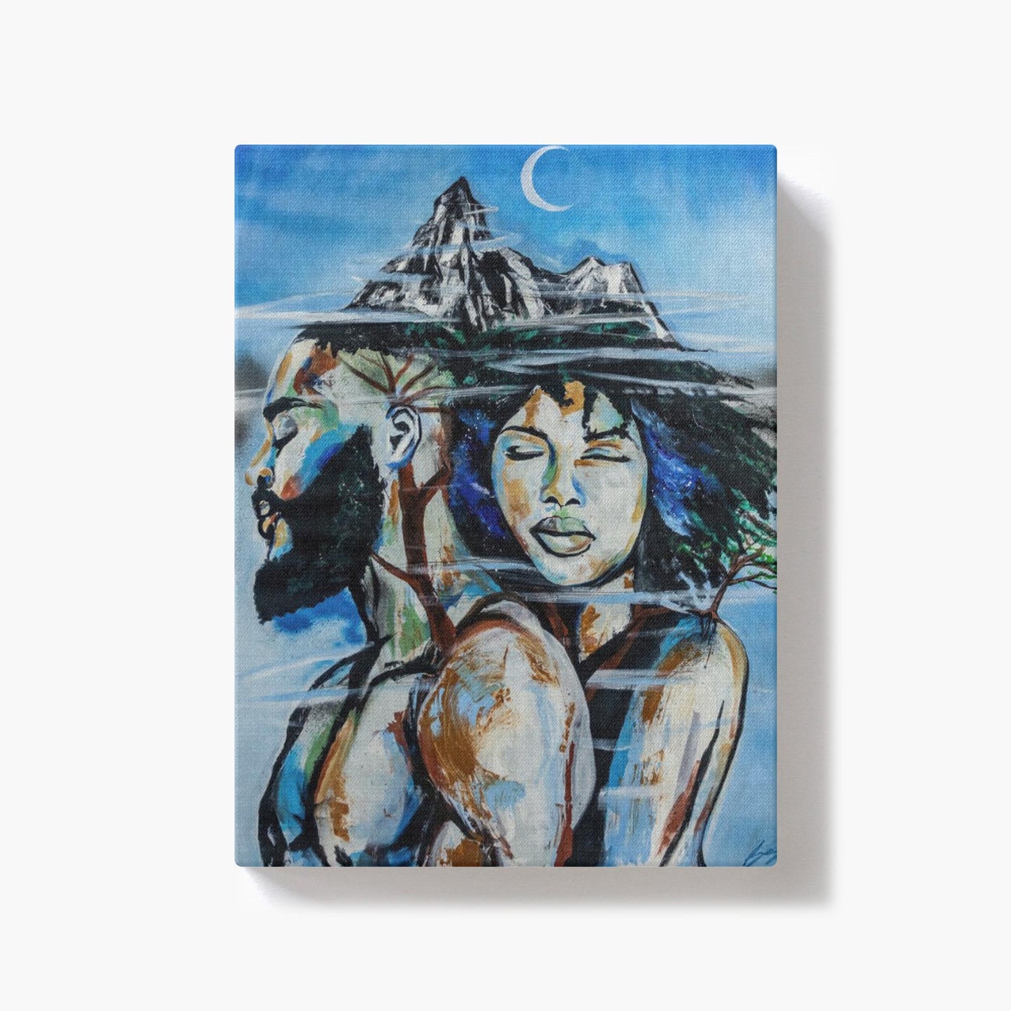 Abstract painting titled “Altitude” showing an embracing couple formed as a tree, growing upward toward a misty mountain peak symbolizing love and resilience.