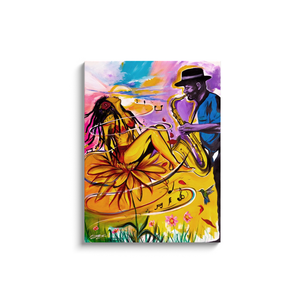 Painting titled “Special Dedication” showing a soulful saxophonist performing for a woman, capturing musical passion and emotional connection in vibrant tones.