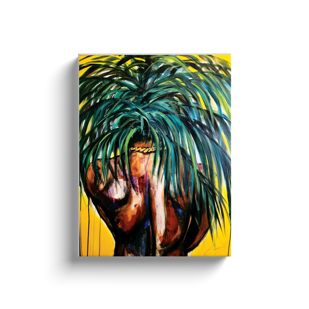 Painting titled “Throwing Shade” showing a solitary male figure with a strong back and palm tree hair, wearing a gold chain against a bright yellow tropical background.