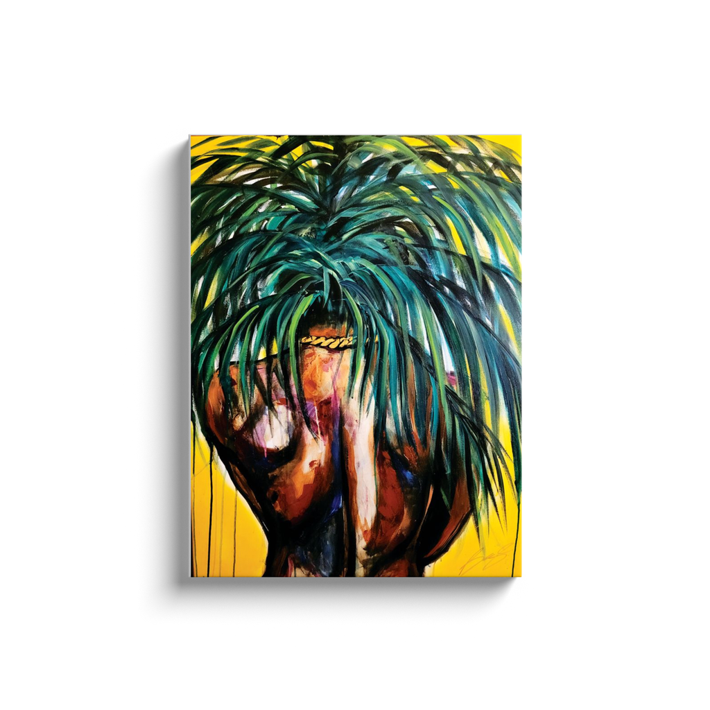 Painting titled “Throwing Shade” showing a solitary male figure with a strong back and palm tree hair, wearing a gold chain against a bright yellow tropical background.