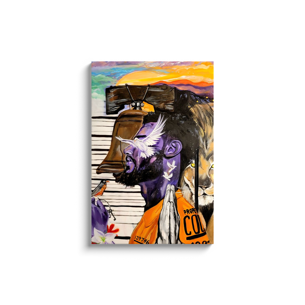 Painting titled “Give Me Liberty” showing a male in a prison jumpsuit kneeling in prayer with a symbolic lion behind bars, liberty bell, and doves representing freedom.