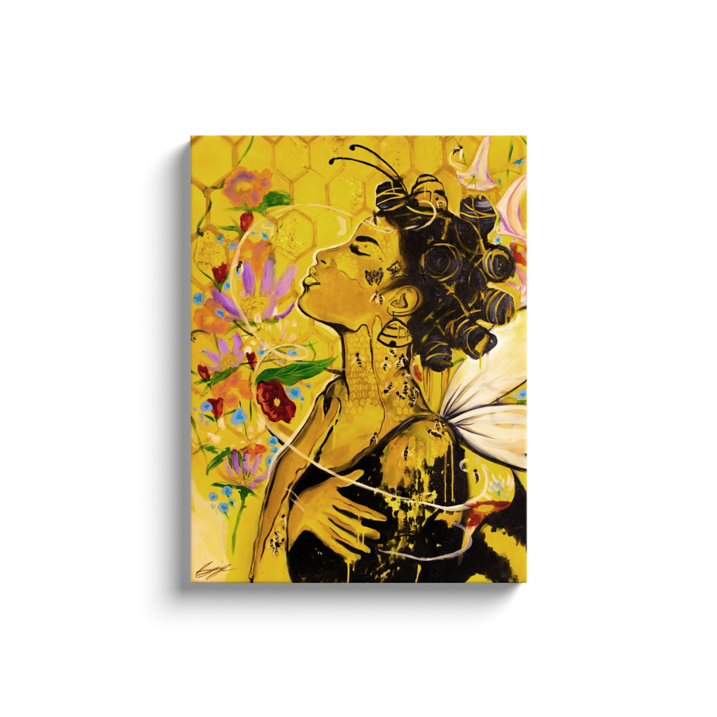 Painting titled “Angelic Butterfly” showing a Black woman with bantu knots, honey-dipped skin, butterfly wings, gold flakes, and bees in a bright yellow setting.