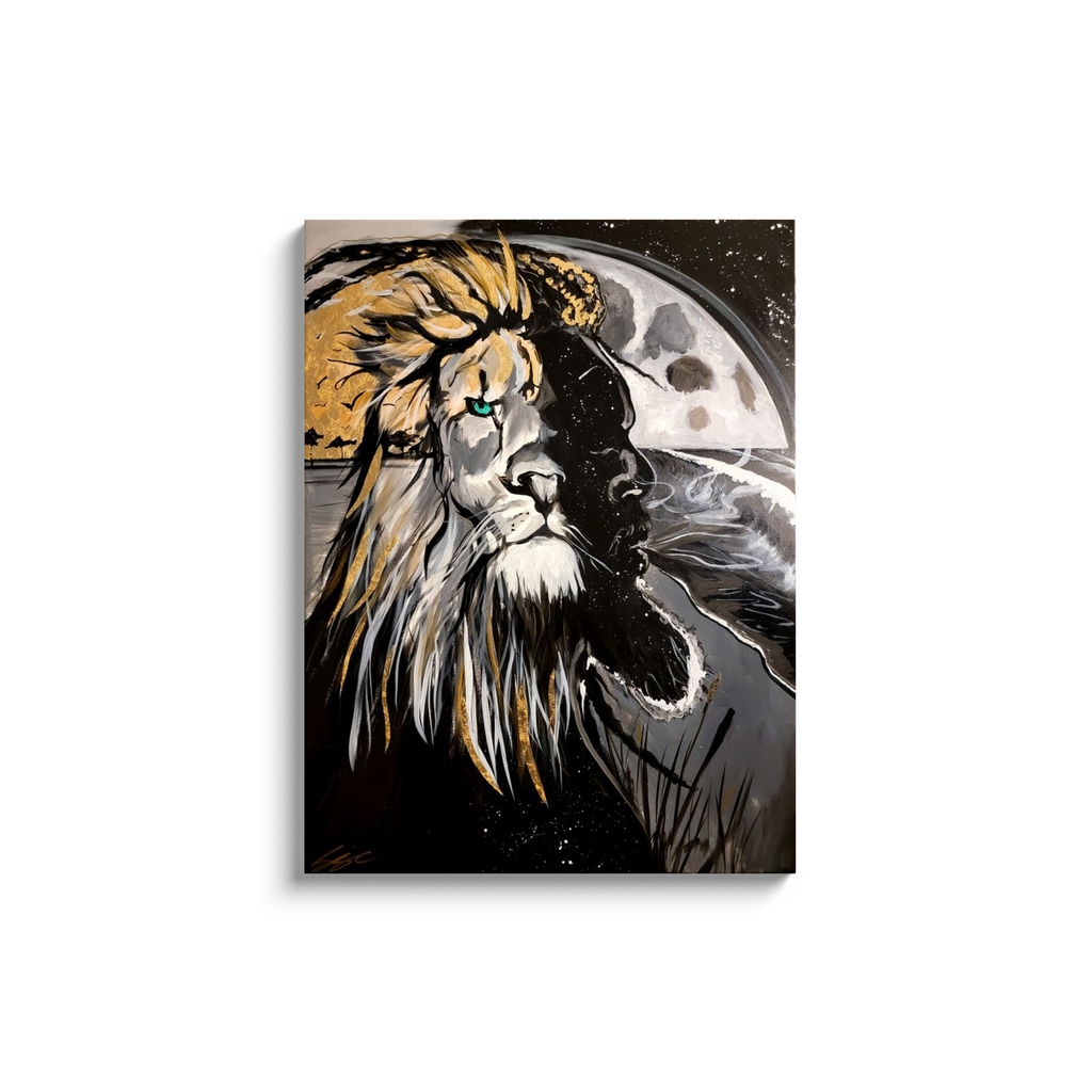 Painting titled “Into the Night” showing a seamless blend of a man and lion’s face over a moonlit ocean, with gold sunlight merging into the lion’s mane.