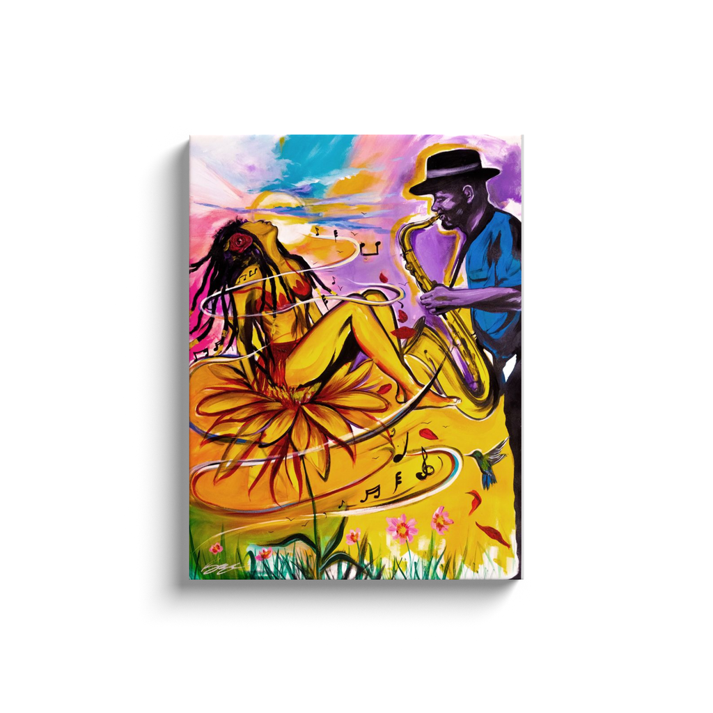 Painting titled “Special Dedication” showing a soulful saxophonist performing for a woman, capturing musical passion and emotional connection in vibrant tones.