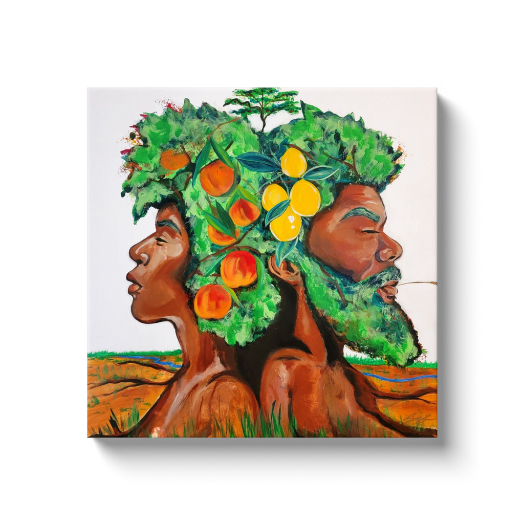Painting titled “In Good Grace” showing male and female tree figures back-to-back with green afros, bearing fruit and a baby tree, in a serene natural landscape.