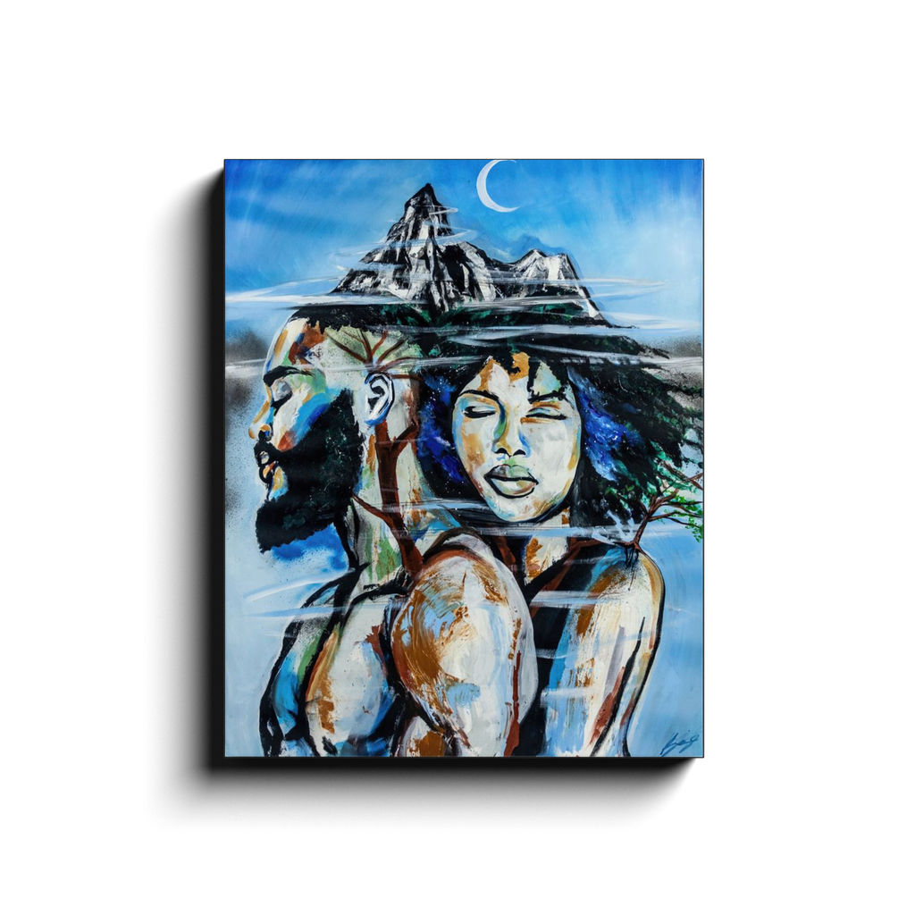 Abstract painting titled “Altitude” showing an embracing couple formed as a tree, growing upward toward a misty mountain peak symbolizing love and resilience.