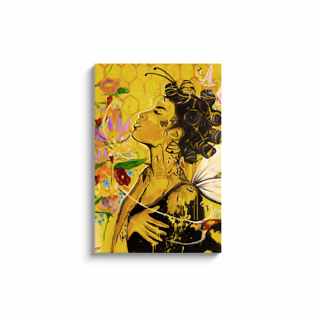 Painting titled “Angelic Butterfly” showing a Black woman with bantu knots, honey-dipped skin, butterfly wings, gold flakes, and bees in a bright yellow setting.