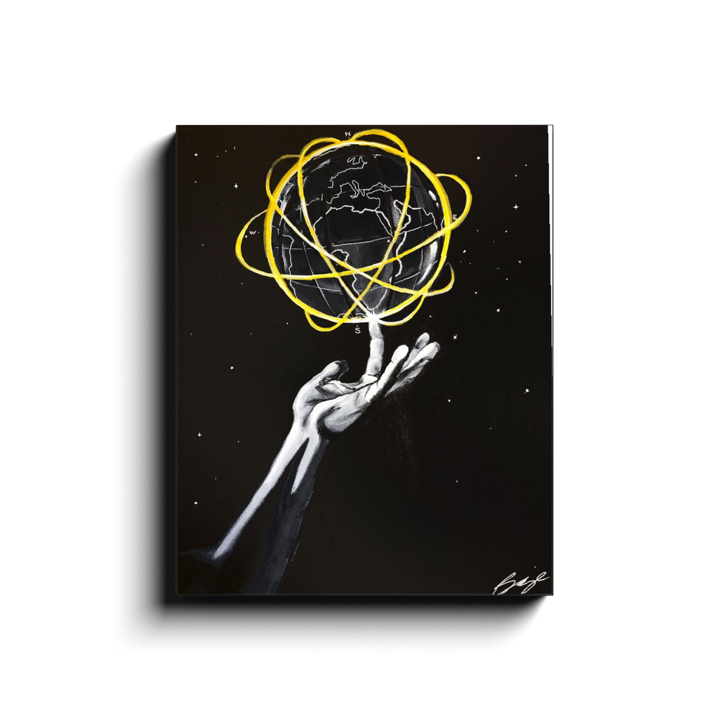 Silhouette painting titled “Destiny Control” showing a male hand spinning a globe-shaped basketball on one finger, symbolizing mastery and human potential.
