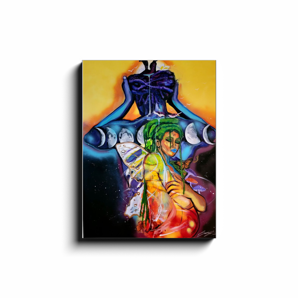 Spiritual painting titled “Nested Love Vol 2.” showing two figures ascending together in divine union, symbolizing love, chakra energy, and spiritual awakening.