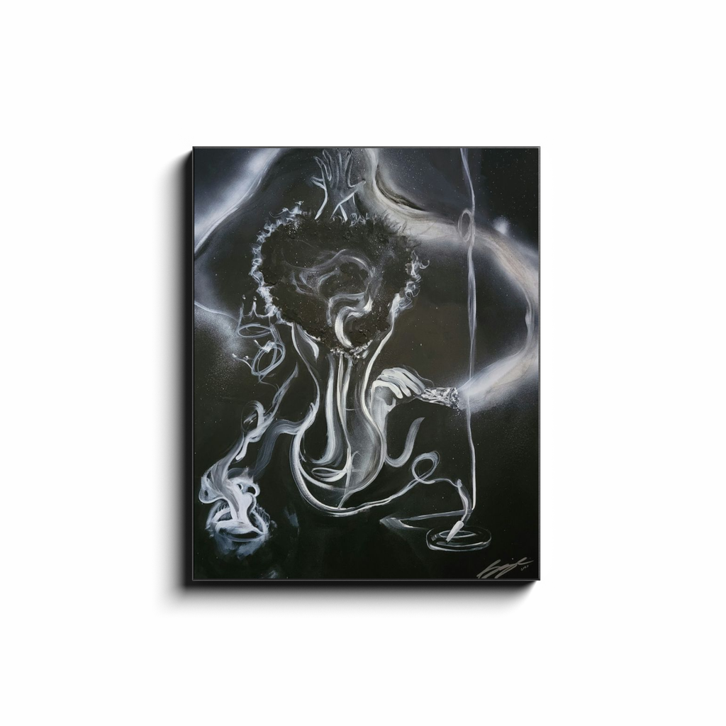 Painting titled “All the Smoke” showing smoke forming a woman, hidden male figure, incense, burning sage, the word love, and male and female crowns, symbolizing transformation and energy.