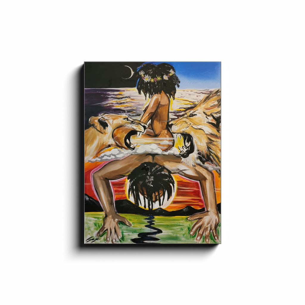 Abstract spiritual painting titled “Mystic Landing” showing a cosmic union of twin flames—King and Queen energies uniting in love and planetary balance.
