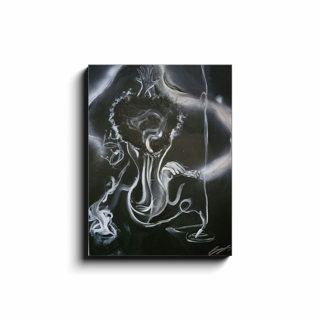 Painting titled “All the Smoke” showing smoke forming a woman, hidden male figure, incense, burning sage, the word love, and male and female crowns, symbolizing transformation and energy.