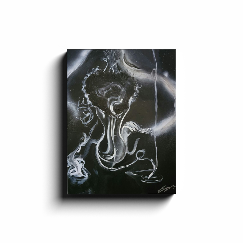 Painting titled “All the Smoke” showing smoke forming a woman, hidden male figure, incense, burning sage, the word love, and male and female crowns, symbolizing transformation and energy.