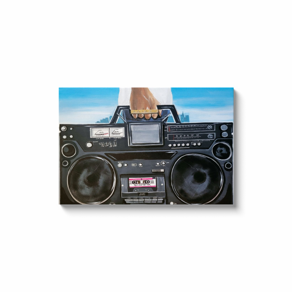 Painting titled “My Boom Box” showing a man in a white T-shirt holding a boombox with a BAIZE ring on his fingers and a faint city skyline in the background.