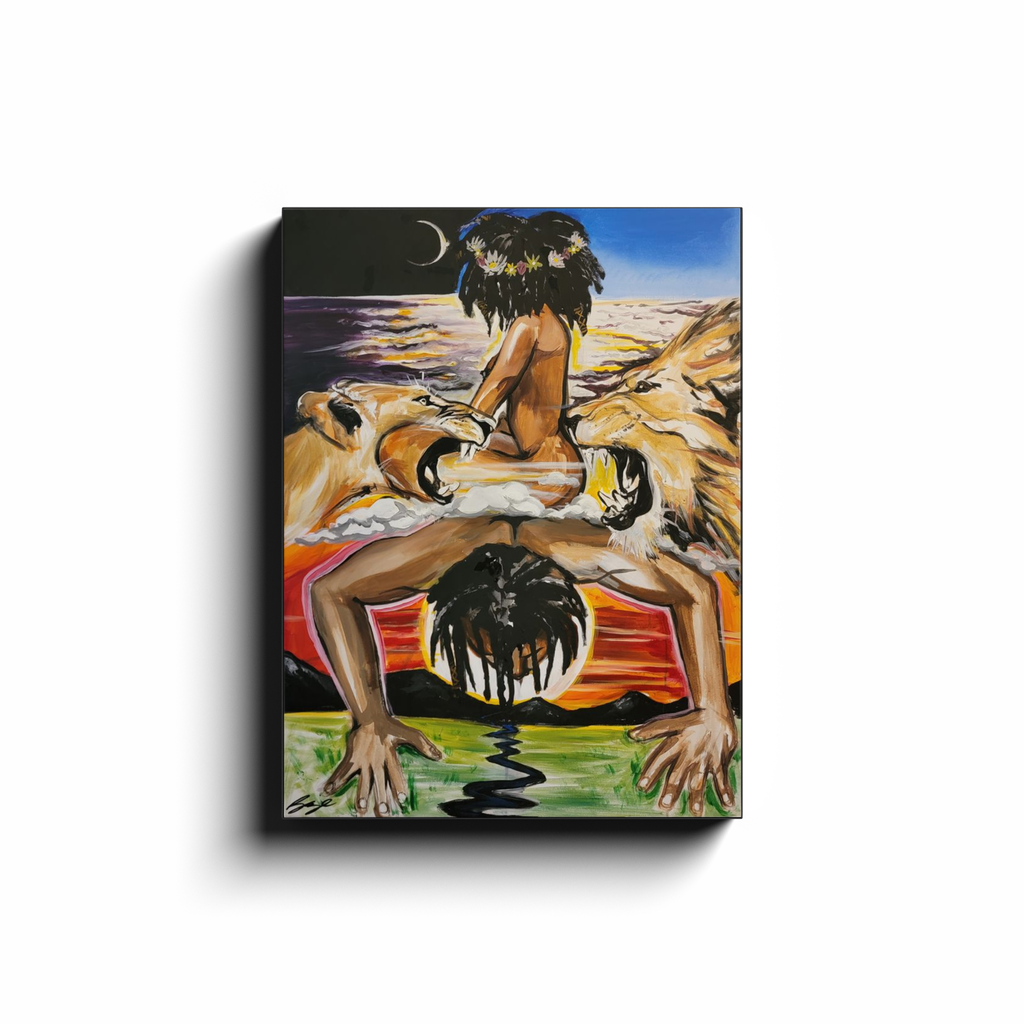 Abstract spiritual painting titled “Mystic Landing” showing a cosmic union of twin flames—King and Queen energies uniting in love and planetary balance.