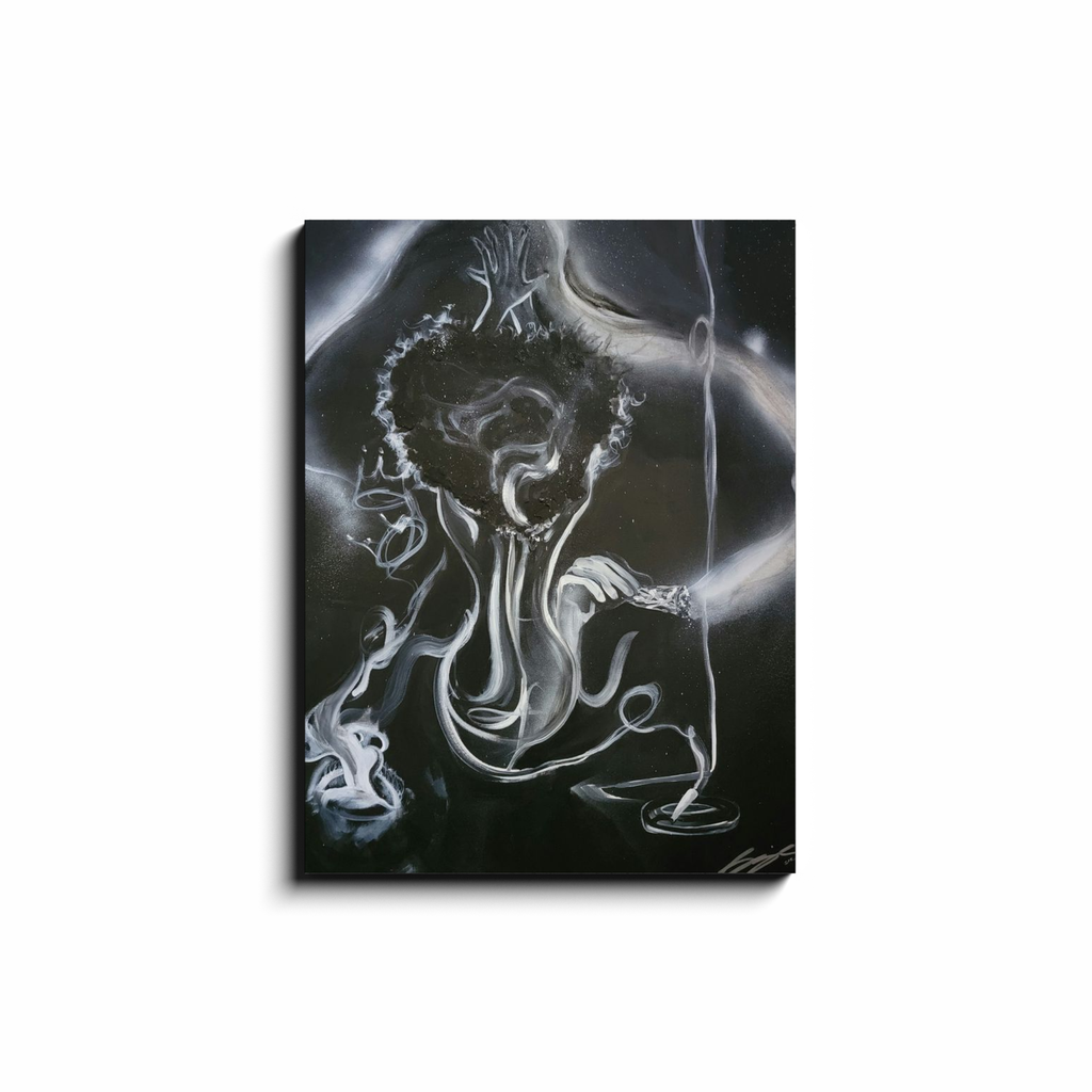 Painting titled “All the Smoke” showing smoke forming a woman, hidden male figure, incense, burning sage, the word love, and male and female crowns, symbolizing transformation and energy.