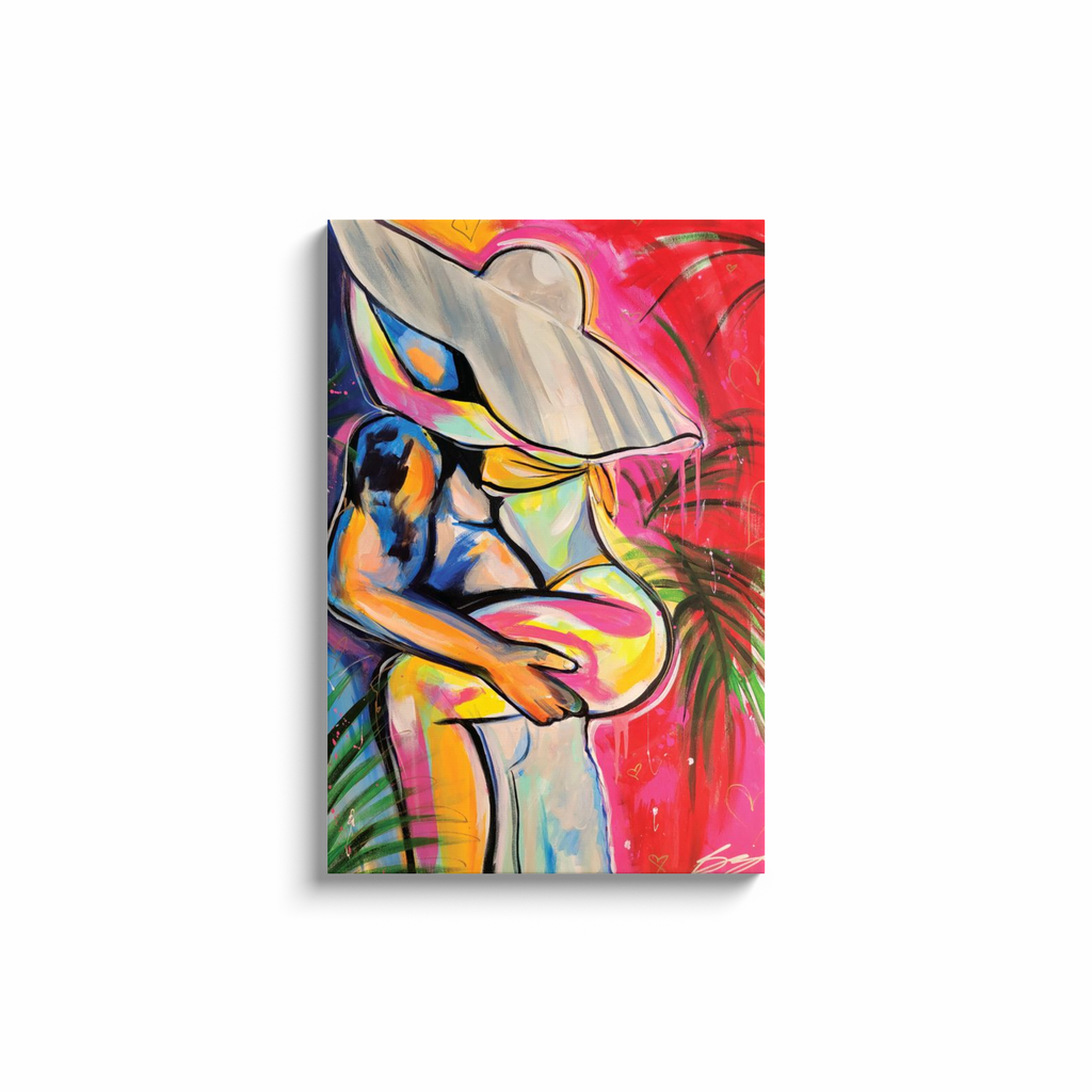Painting titled “Passion in Paradise” showing a couple in a private, passionate embrace surrounded by tropical palms, capturing intimacy and desire.