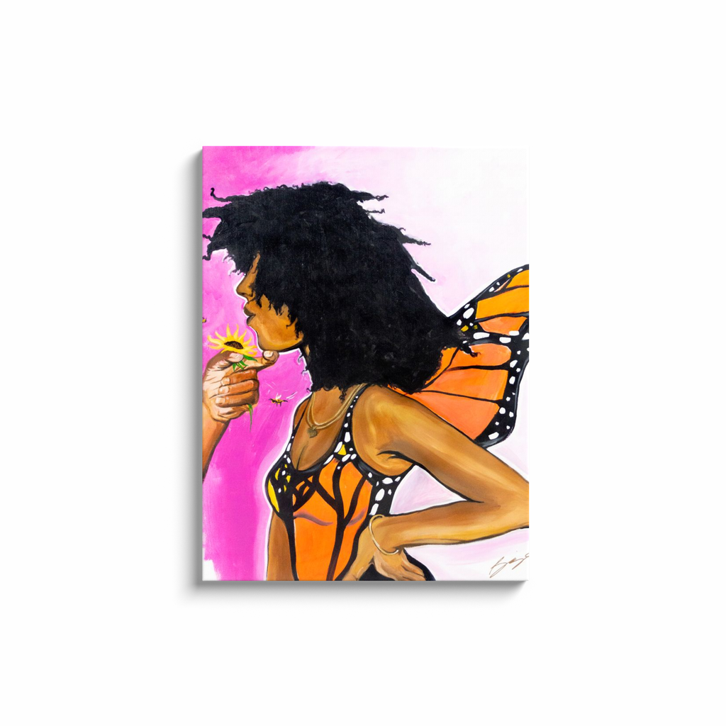 Surreal painting titled “Angelic Butterfly” showing a male hand holding a sunflower toward a Black woman depicted as a butterfly, symbolizing love and transformation.