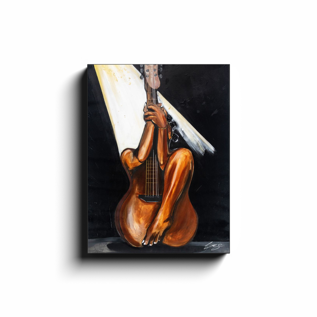 Abstract painting titled “Fine Tuned” showing a woman’s curved body merged with a guitar’s form, one leg extending upward into the neck of the instrument.