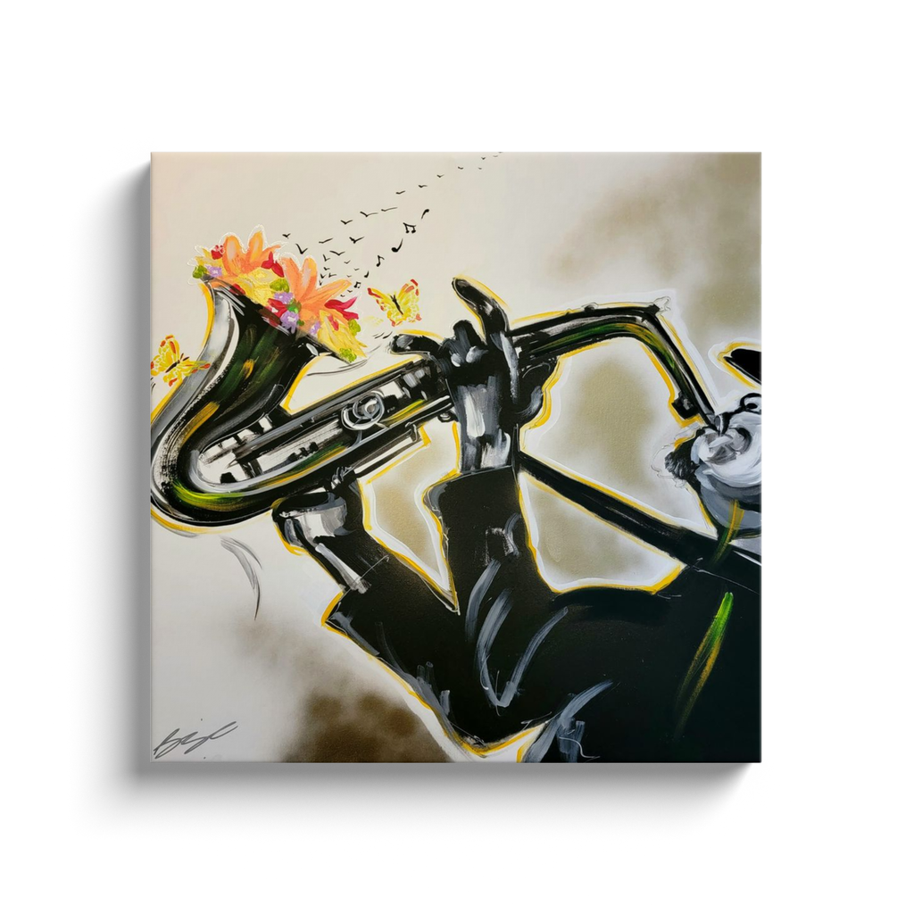 Abstract painting titled “Full Bloom” showing a silhouetted saxophonist playing as flowers bloom from the horn, transforming into floating music notes.