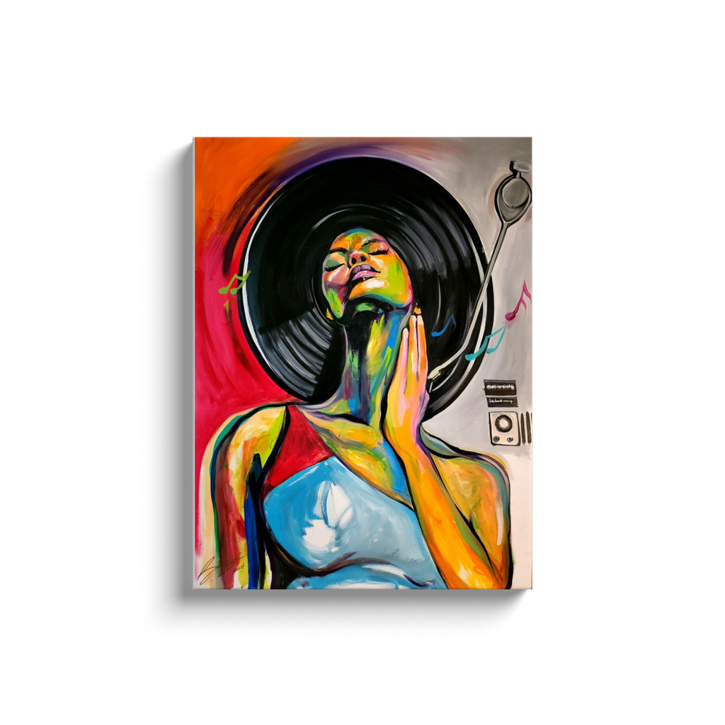 Painting titled “Classic Mix” showing a woman with a 1970s Afro conceptually designed as a vinyl record, symbolizing rhythm, culture, and timeless soul.