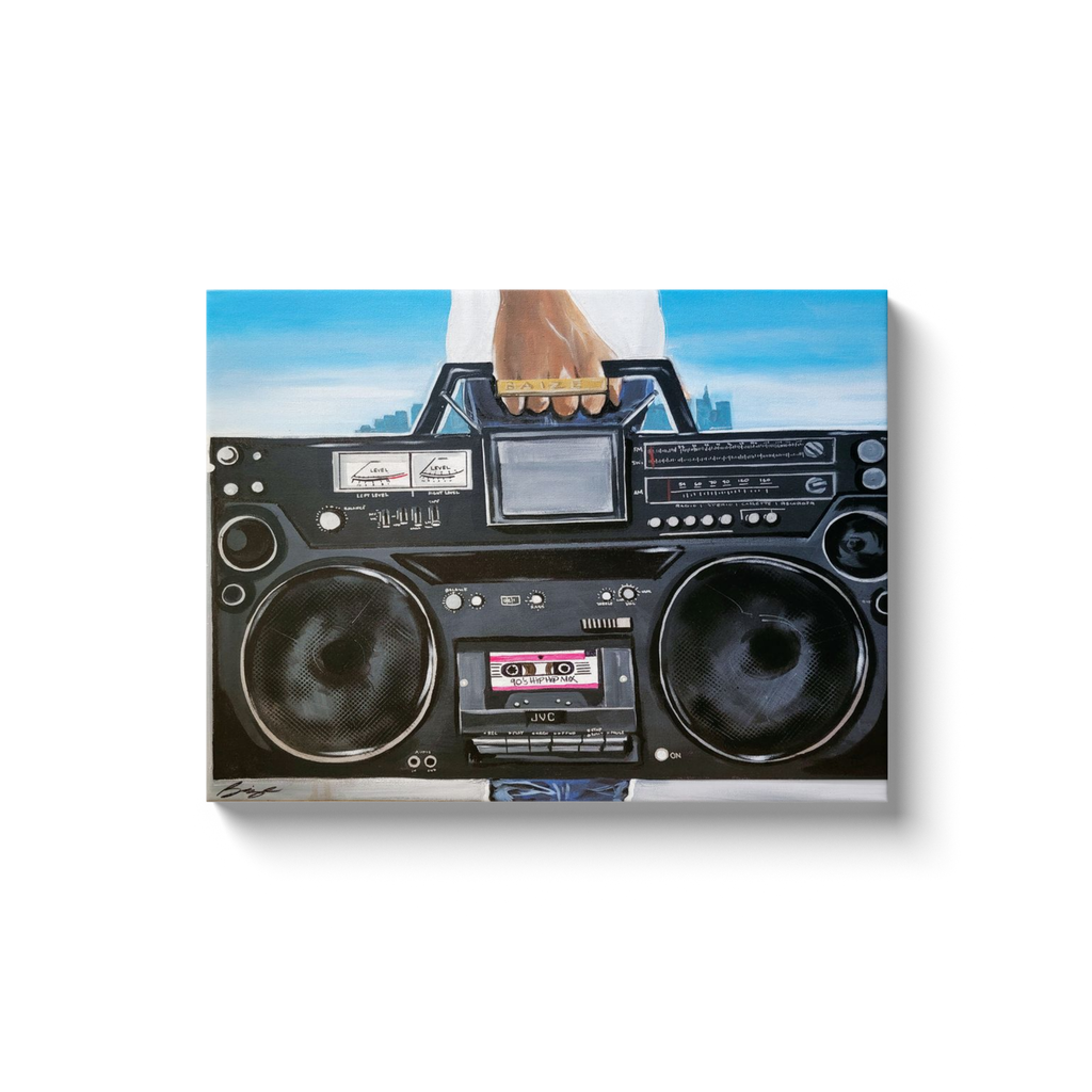 Painting titled “My Boom Box” showing a man in a white T-shirt holding a boombox with a BAIZE ring on his fingers and a faint city skyline in the background.