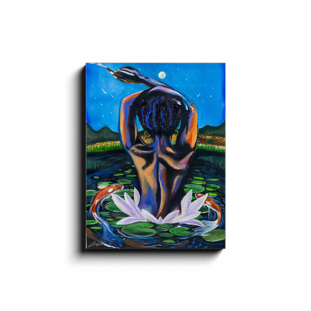 Painting titled “Twilight” showing a melanin-rich woman in water surrounded by lily pads and koi fish, with a man slumbering on the distant bank, dreaming of her.