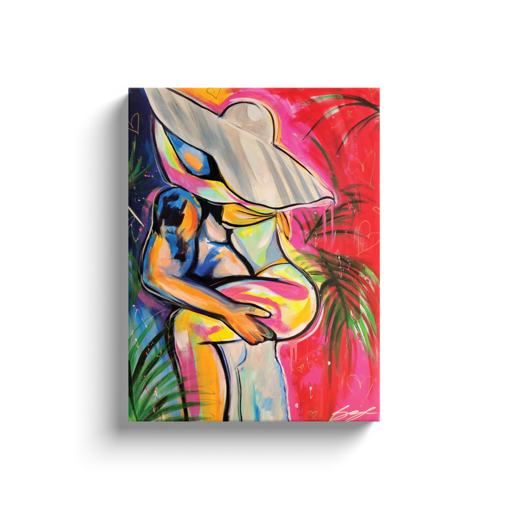 Painting titled “Passion in Paradise” showing a couple in a private, passionate embrace surrounded by tropical palms, capturing intimacy and desire.