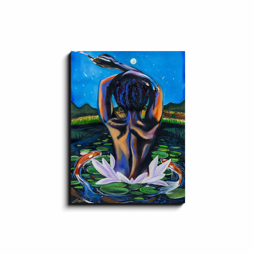 Painting titled “Twilight” showing a melanin-rich woman in water surrounded by lily pads and koi fish, with a man slumbering on the distant bank, dreaming of her.
