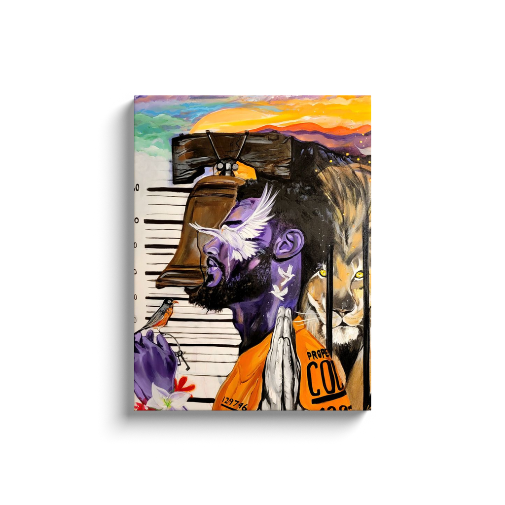 Painting titled “Give Me Liberty” showing a male in a prison jumpsuit kneeling in prayer with a symbolic lion behind bars, liberty bell, and doves representing freedom.